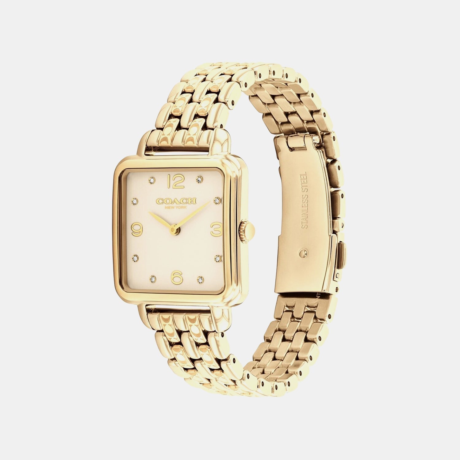 Coach Cass watch angled view showing square case and gold-tone link bracelet