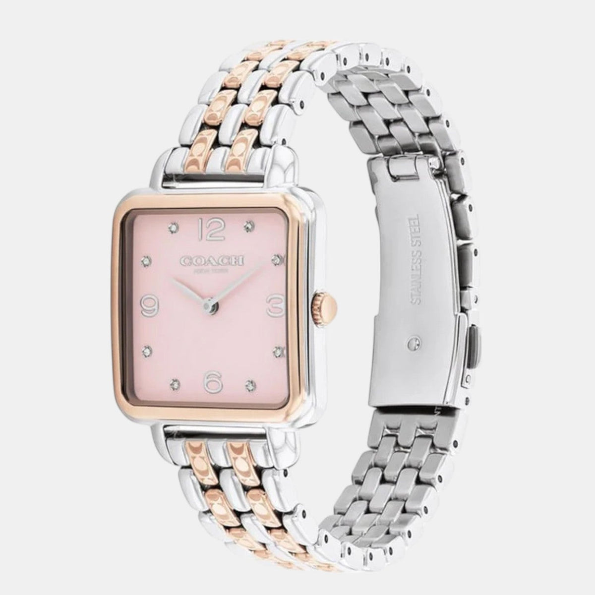 Coach Cass watch side angle showing two-tone stainless steel and rose gold bracelet