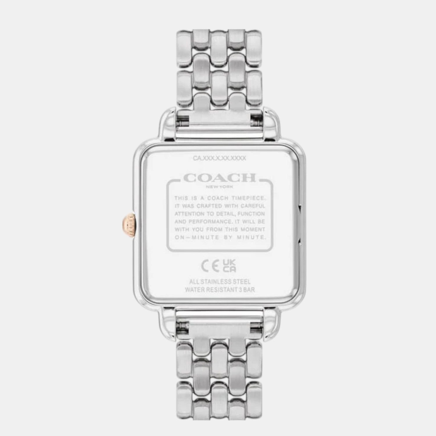 Coach Cass caseback showing stainless steel water resistant case 3 ATM