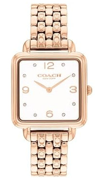 Coach Cass women's watch with rose gold square case, white dial, and matching bracelet strap