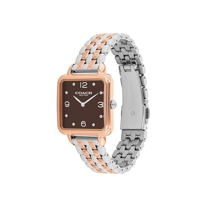 Coach Cass watch at angle showing rose gold case and two-tone metal bracelet