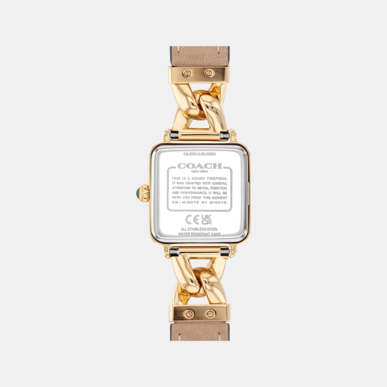Coach Cass watch caseback showing Coach branding and authenticity markings