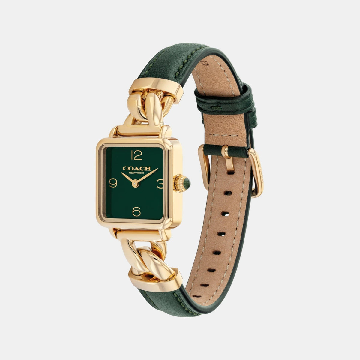 Coach Cass watch side profile showing gold-tone chain link bracelet and green leather strap
