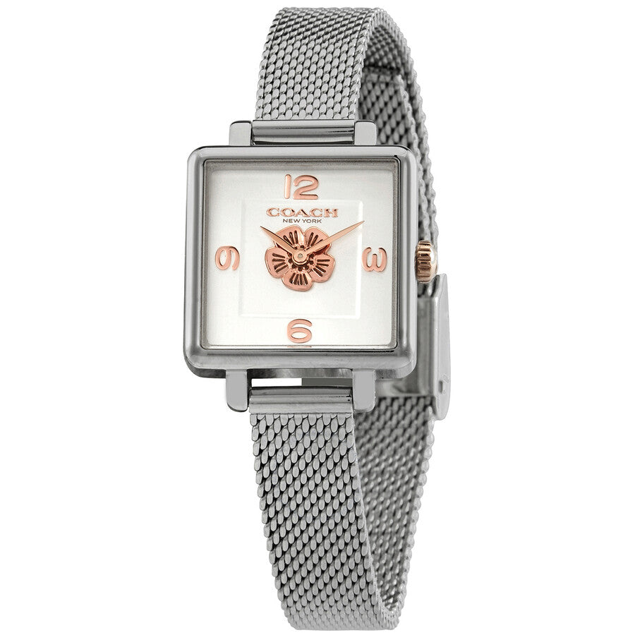 Coach Cass ladies watch with white dial, rose gold Coach logo, and stainless steel mesh strap