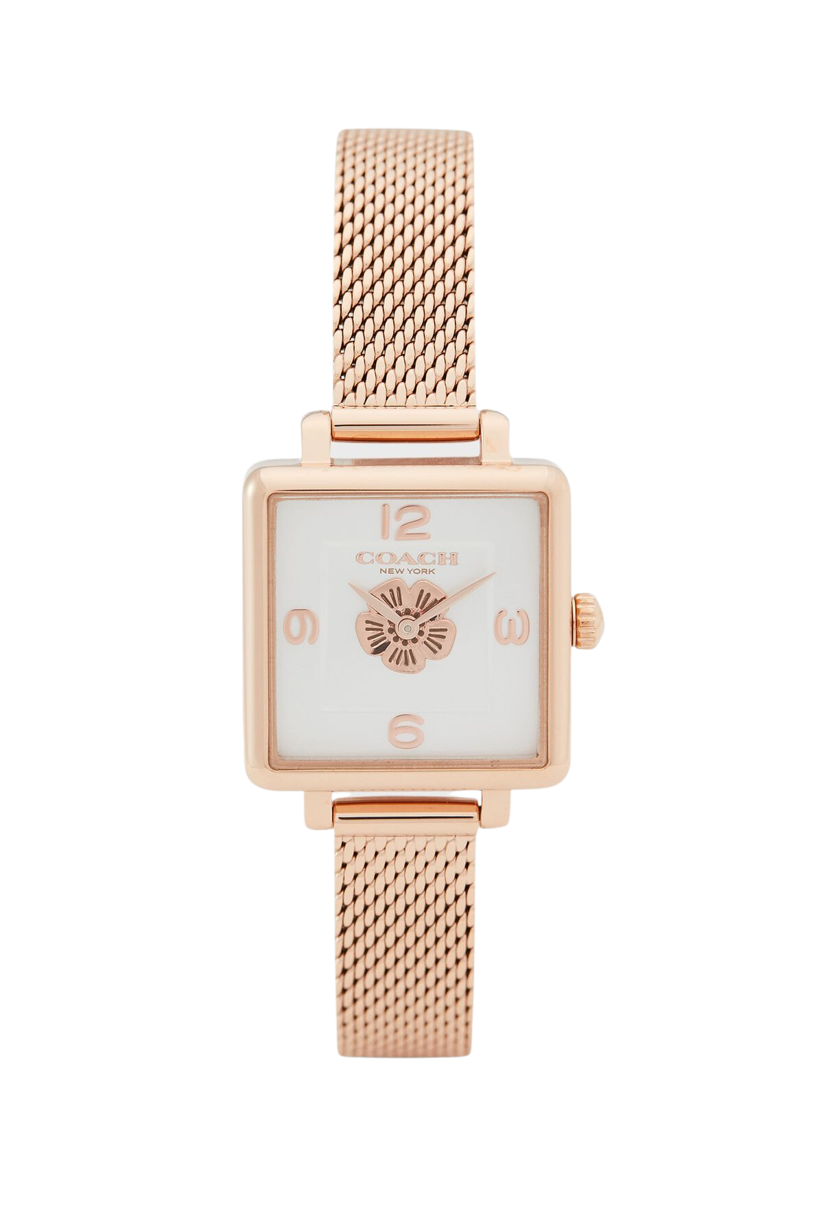 Coach Cass rose gold square women's watch with mesh strap and silver dial