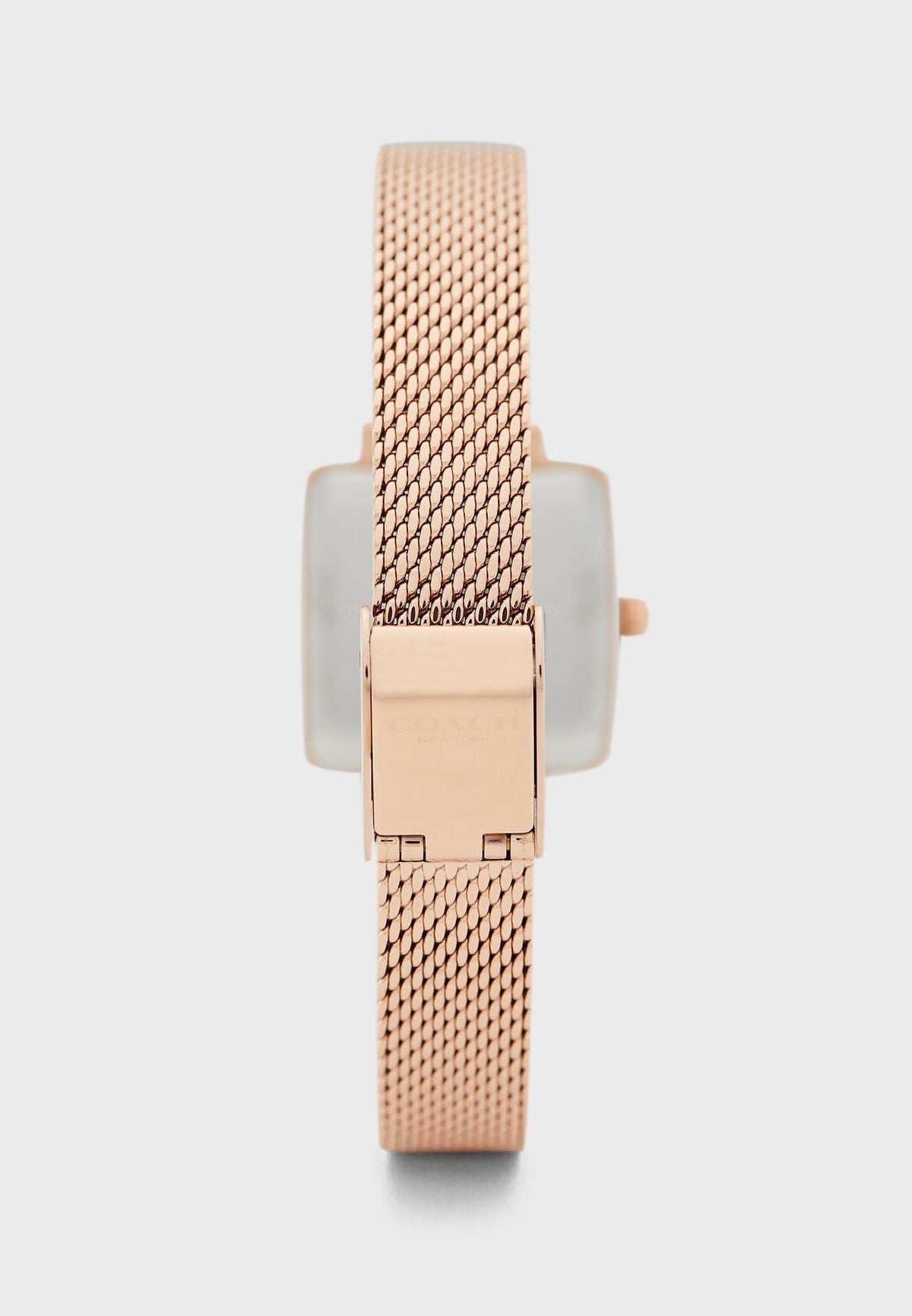 Coach Cass rose gold mesh strap with fold-over clasp on square case