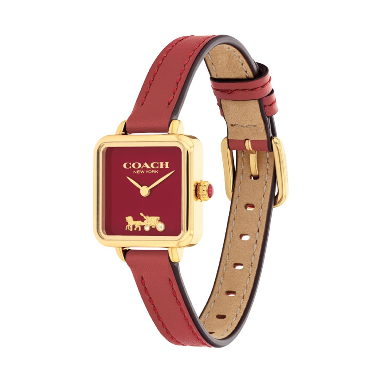 COACH Cass watch on wrist showing red leather strap and square gold case with red dial