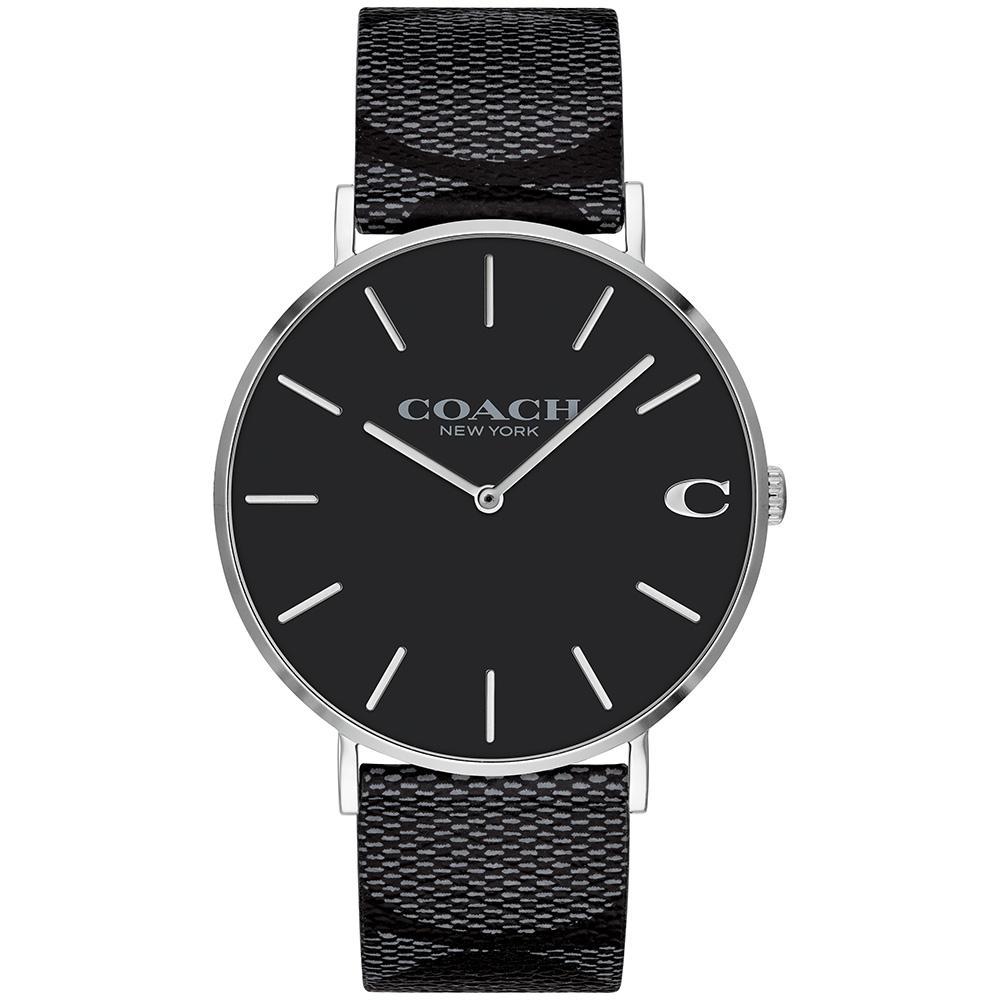 Coach Charles men's watch with black dial, white hour markers, and black leather strap