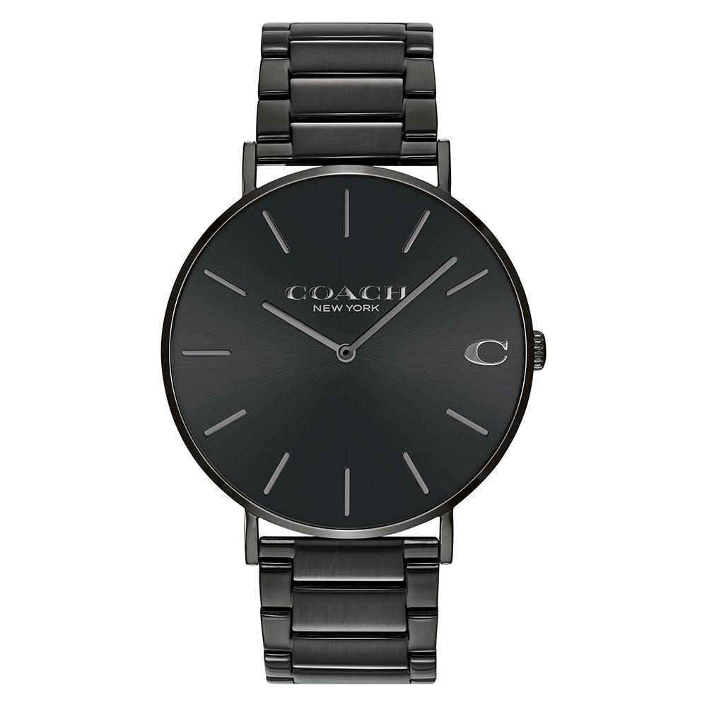 Coach Charles black steel men's watch with black dial and minimalist index markers