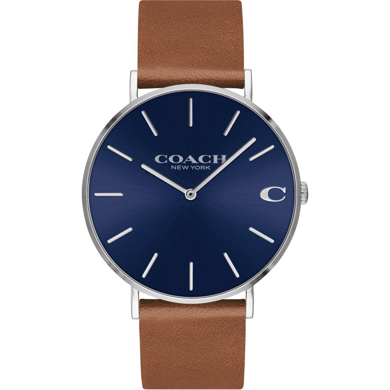 Coach Charles men's watch with navy blue dial and brown leather strap