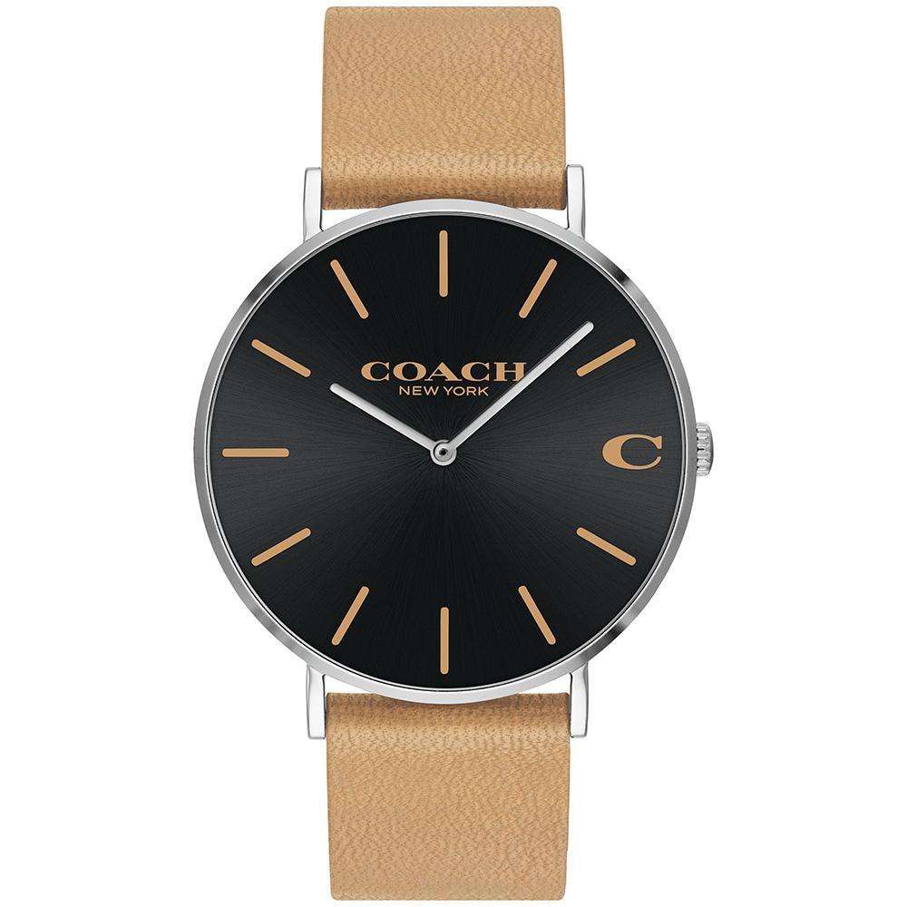 Coach Charles Classic men's watch with black dial, gold indices, tan leather strap