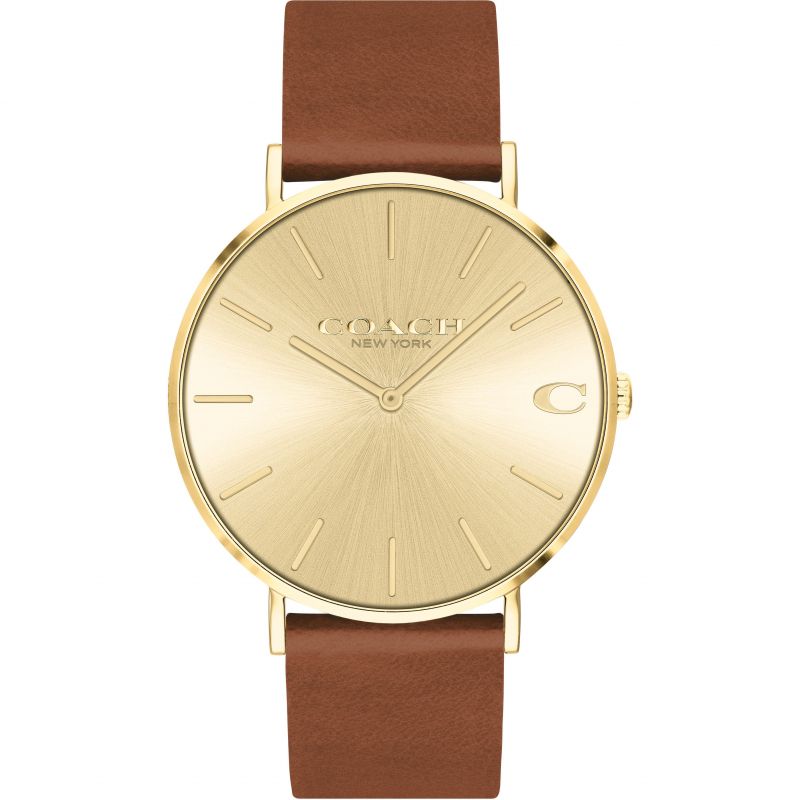 Coach Charles gold men's watch with champagne dial and brown leather strap