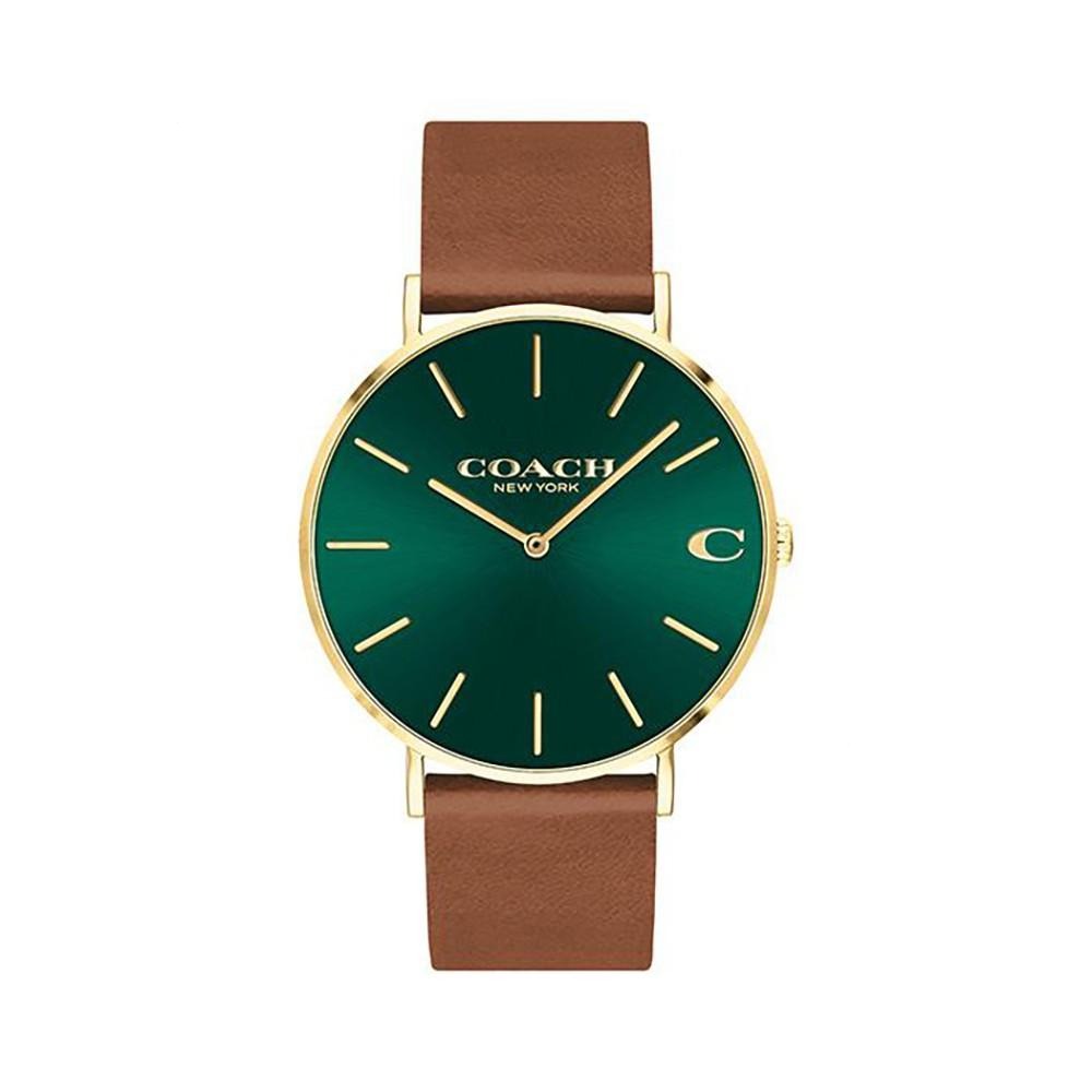 Coach Charles men's watch with green dial, gold-tone case, and brown leather strap