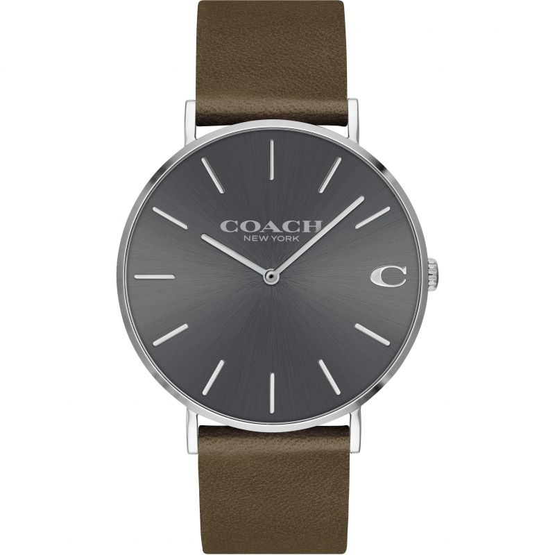 Coach Charles khaki men's watch with slate gray dial and khaki leather strap