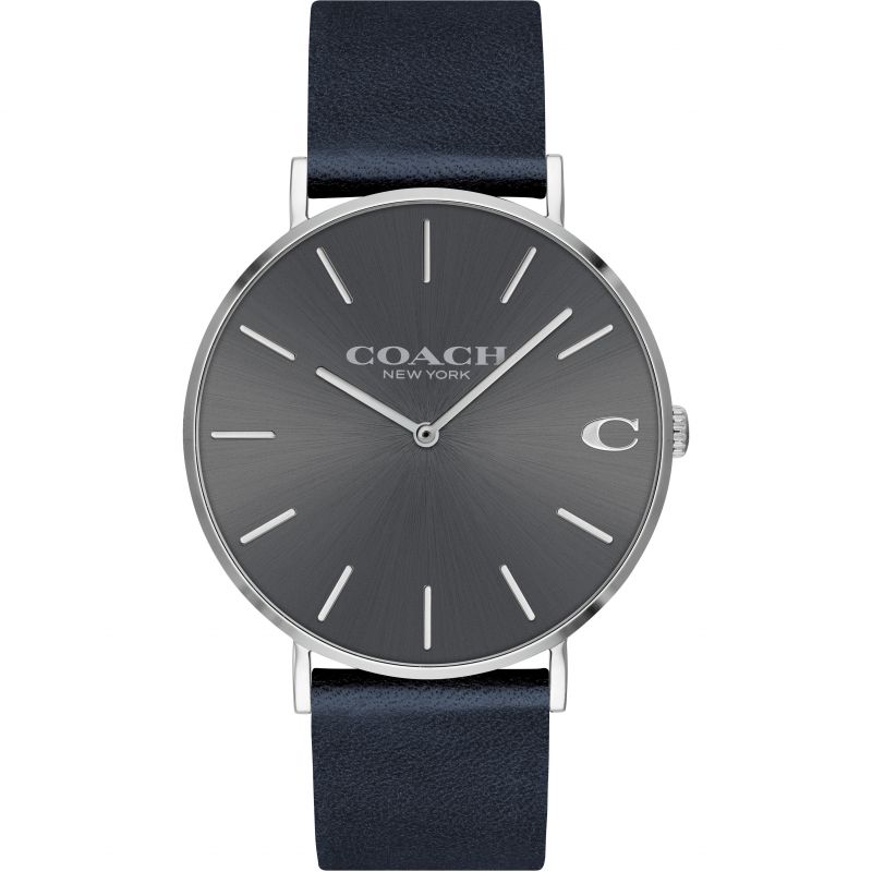 Coach Charles men's watch with grey dial, white hour markers, navy leather strap