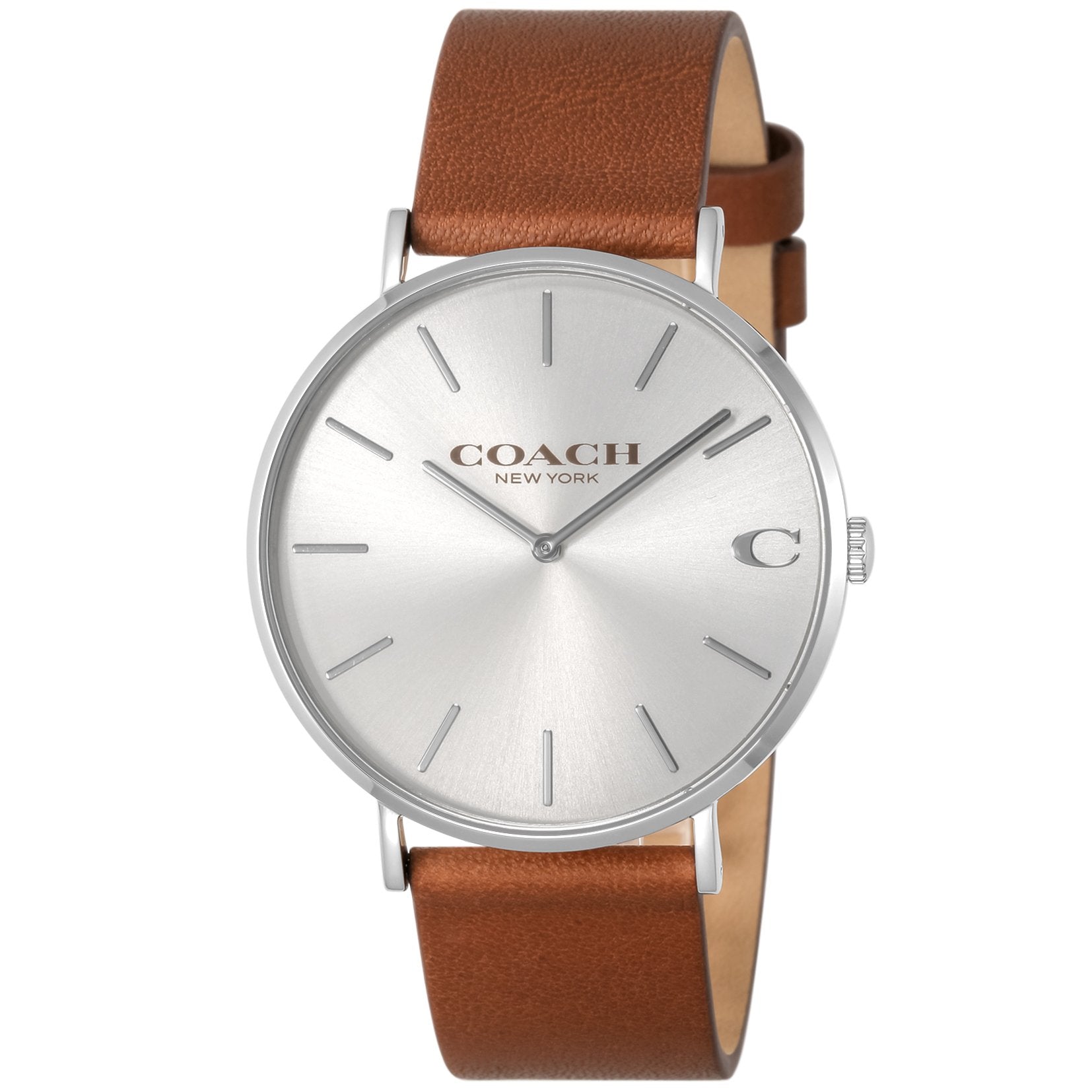 Coach Charles silver quartz men's watch with white dial and brown leather strap
