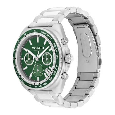 Coach Charter chronograph watch from angle showing silver steel case and bracelet with green dial