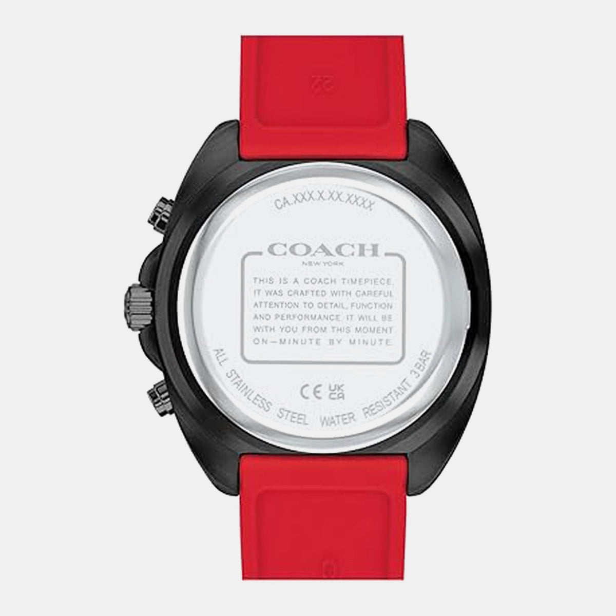 Coach Charter watch caseback displaying stainless steel and water resistance details