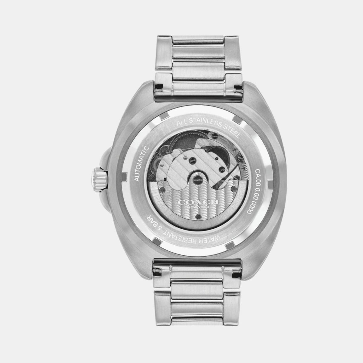 COACH Charter watch caseback revealing automatic movement and stainless steel case