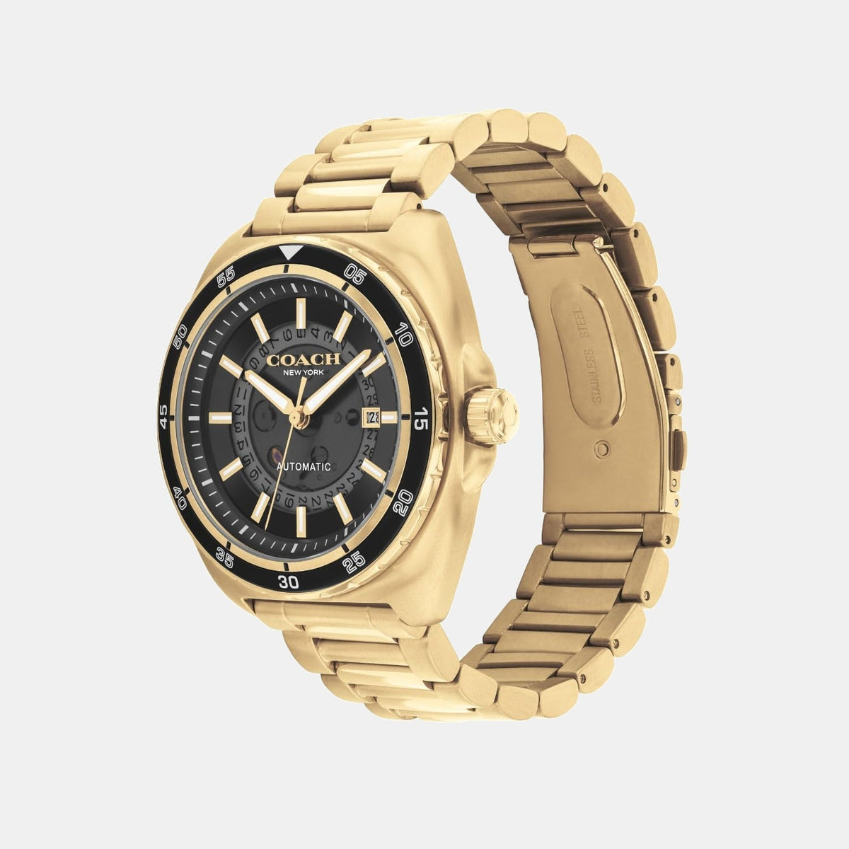 Coach Charter men's watch with gold case and bracelet displayed at angle