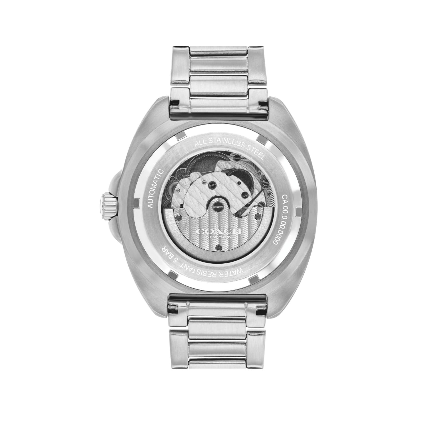COACH Charter watch caseback showing automatic movement and stainless steel bracelet