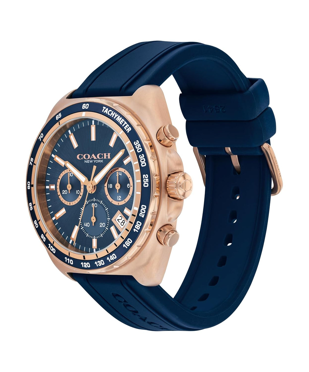 Coach Charter men's chronograph watch shown at angle with rose gold case and blue rubber strap
