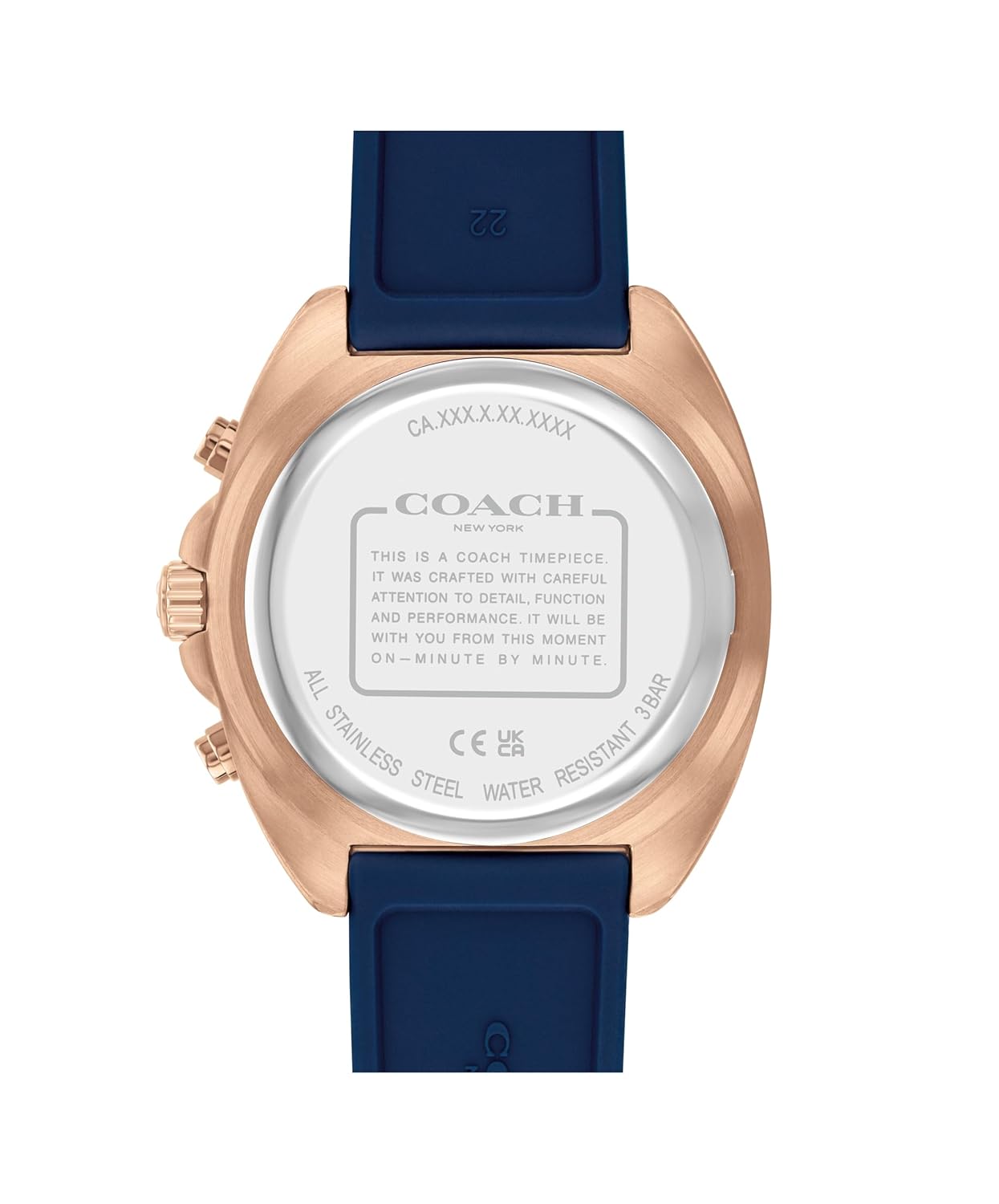 Coach Charter watch caseback showing stainless steel case with engraved text and specifications