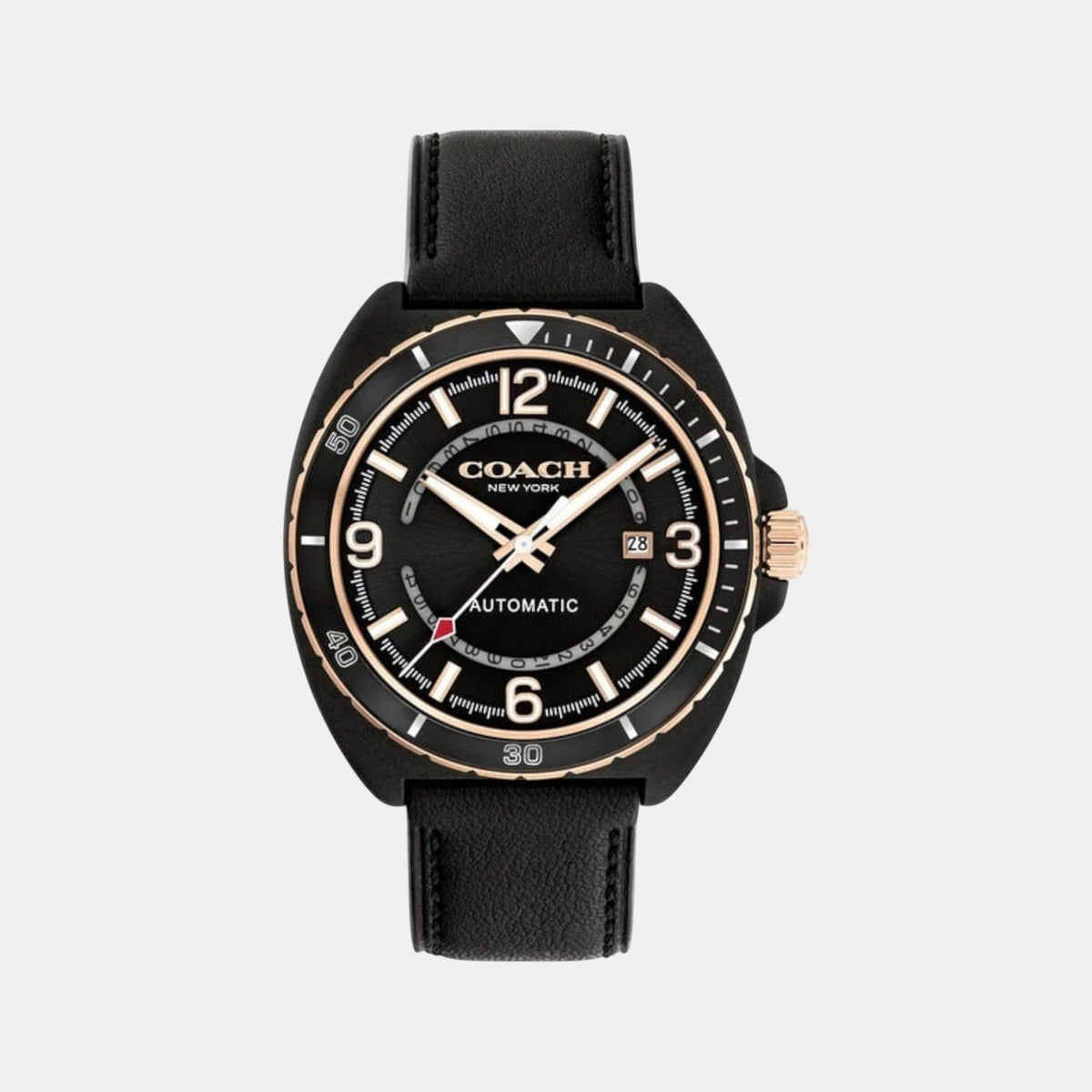 Coach Charter automatic men's watch with 44.5mm black case, black dial, and black leather strap