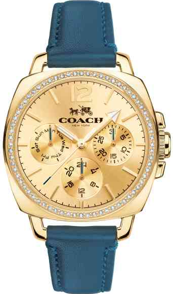 COACH Delancey gold-tone ladies watch with champagne dial, crystal bezel, and blue leather strap