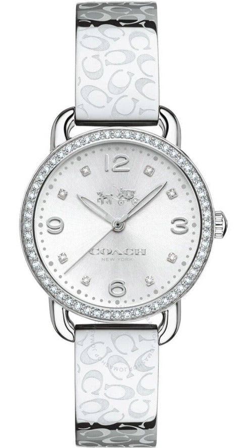Coach Delancey women's watch with silver dial, crystal bezel, and white Coach patterned strap