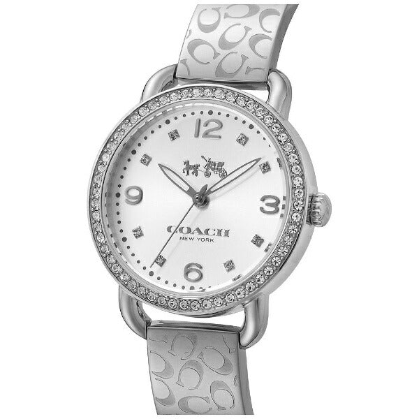 Coach Delancey women's watch side profile with crystal-set bezel and Coach logo visible