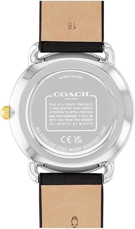 Coach Elliot watch caseback showing stainless steel with Coach branding and movement details