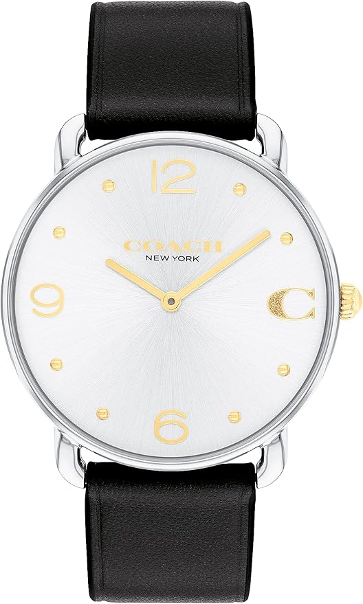 Coach Elliot 36mm womens watch with white dial, gold numerals and hands, black leather strap