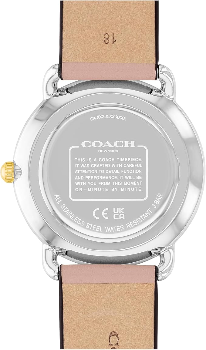 Coach ELLIOT watch caseback with stainless steel water-resistant case and tan leather strap