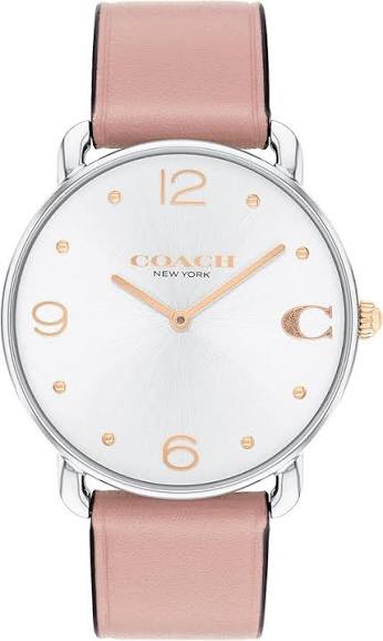 Coach ELLIOT round watch with white dial, rose-gold numerals, and pink leather strap
