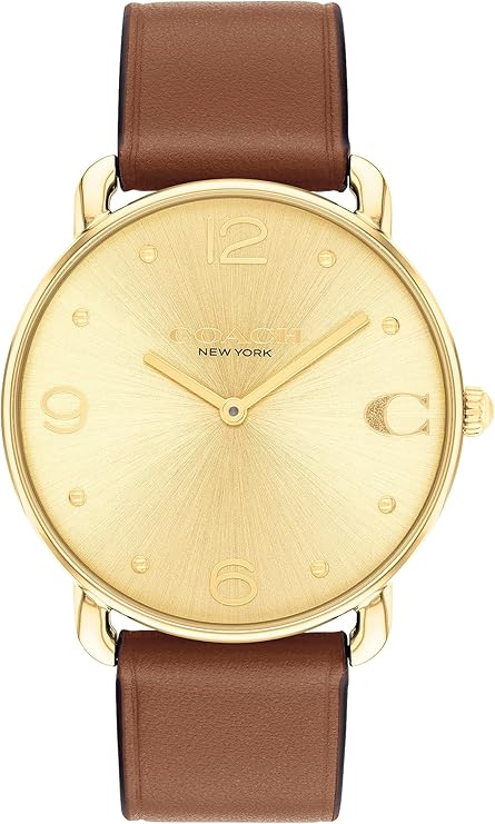 Coach Elliot 36mm women's watch with champagne gold dial and brown leather strap
