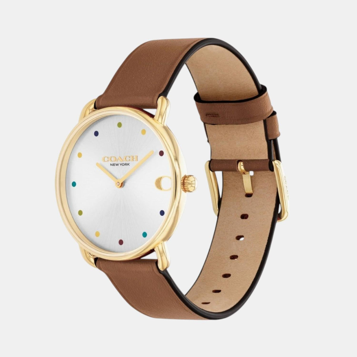 Coach Elliot watch showing gold case and brown saddle leather strap from side angle