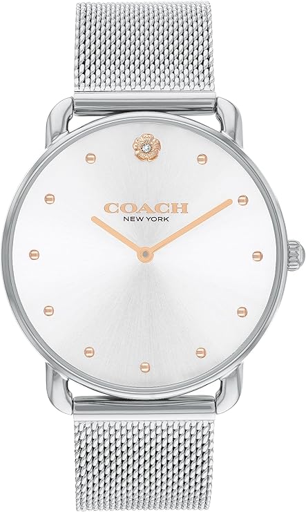 Coach Elliot white sunray dial women's watch with rose gold indices and stainless steel mesh bracelet