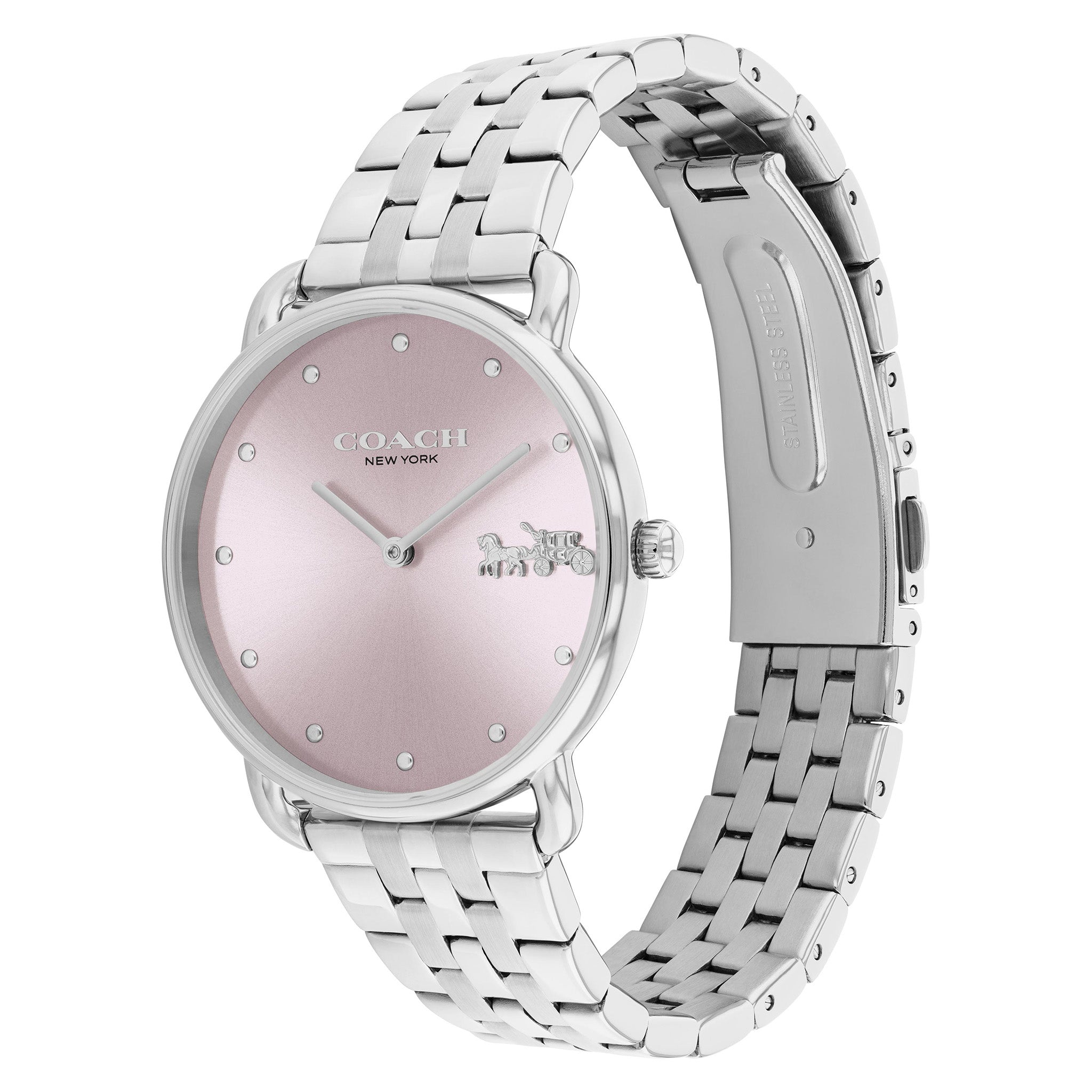 Coach Elliot women's watch with silver-tone three-link bracelet and pink dial