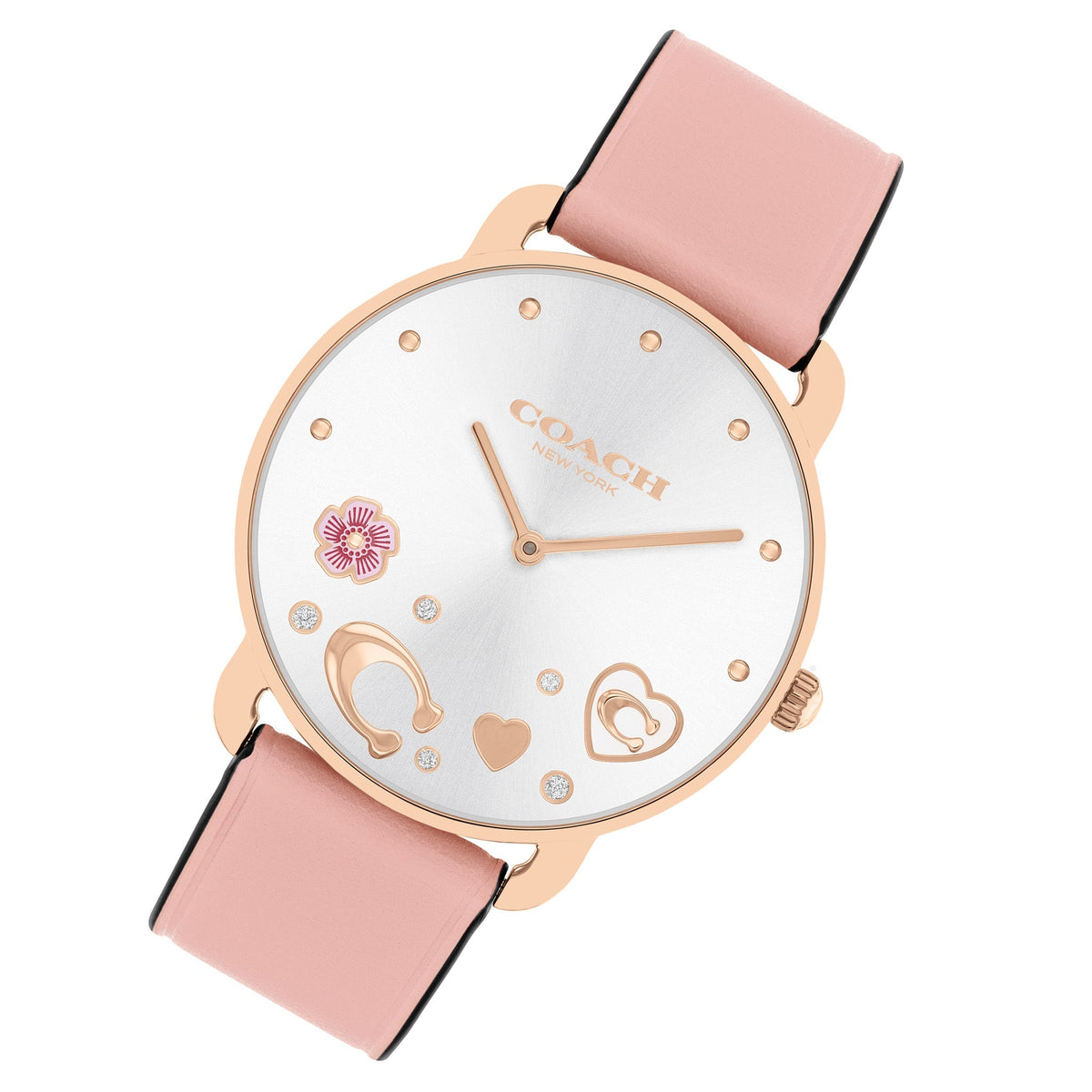 COACH Elliot watch from angle showing blush leather strap with rose gold case and decorated white dial