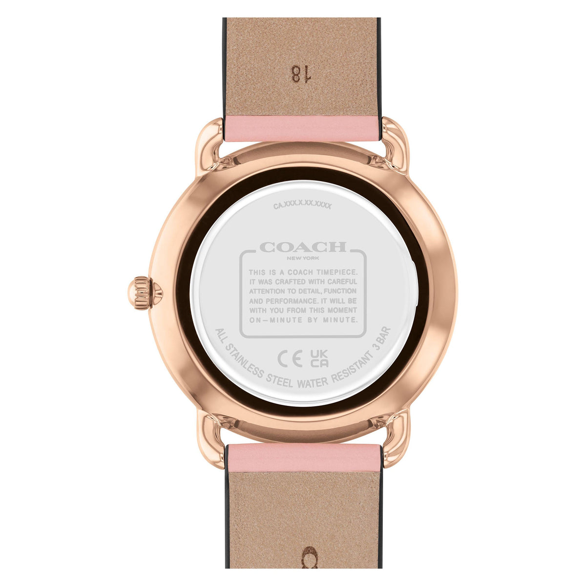 COACH Elliot caseback showing stainless steel construction and coach heritage engraving