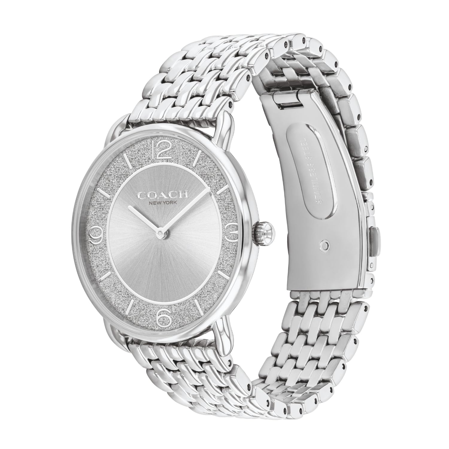 Coach Elliot women's watch angled view showing dial and stainless steel bracelet