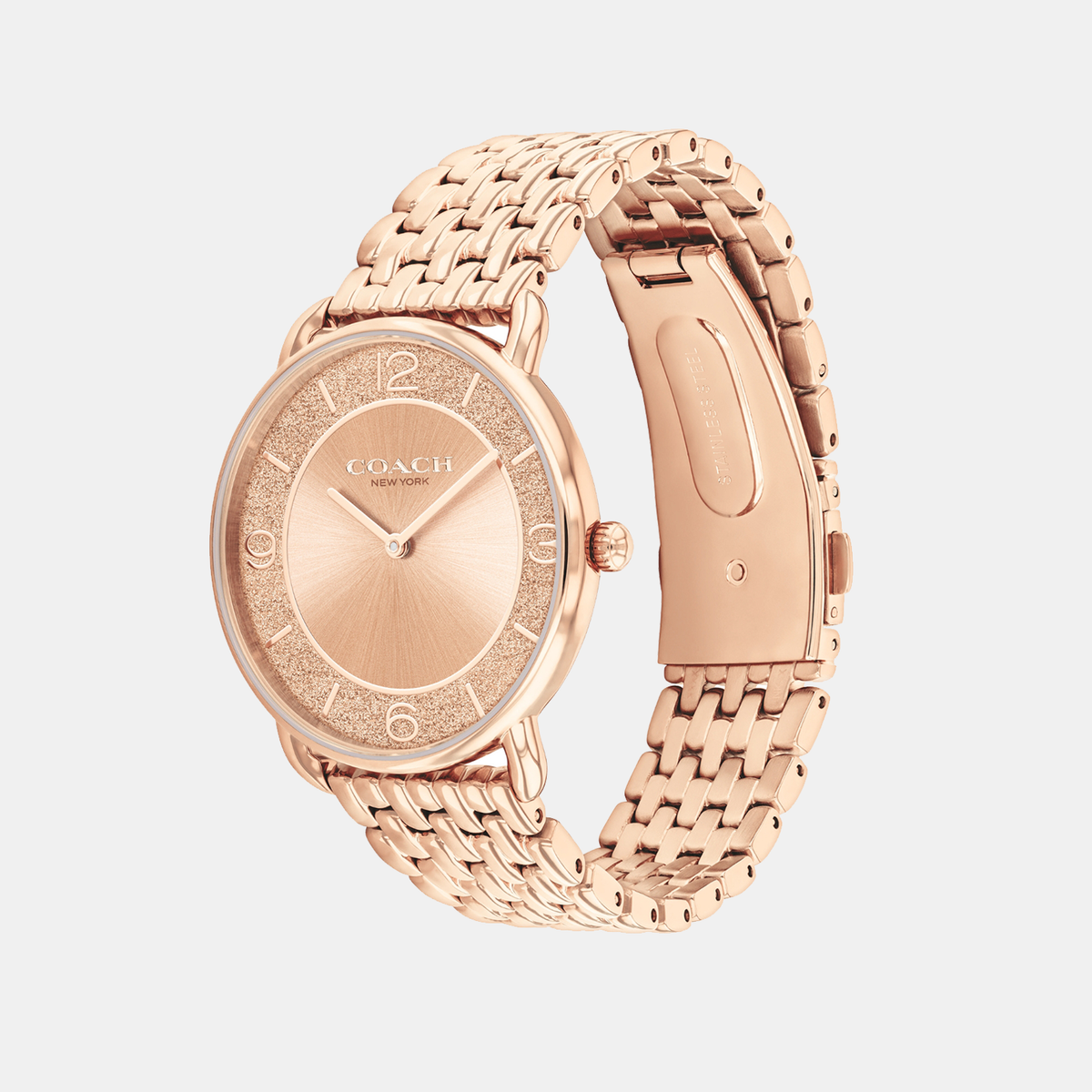 COACH Elliot rose gold watch displayed from side angle showing bracelet and bracelet clasp