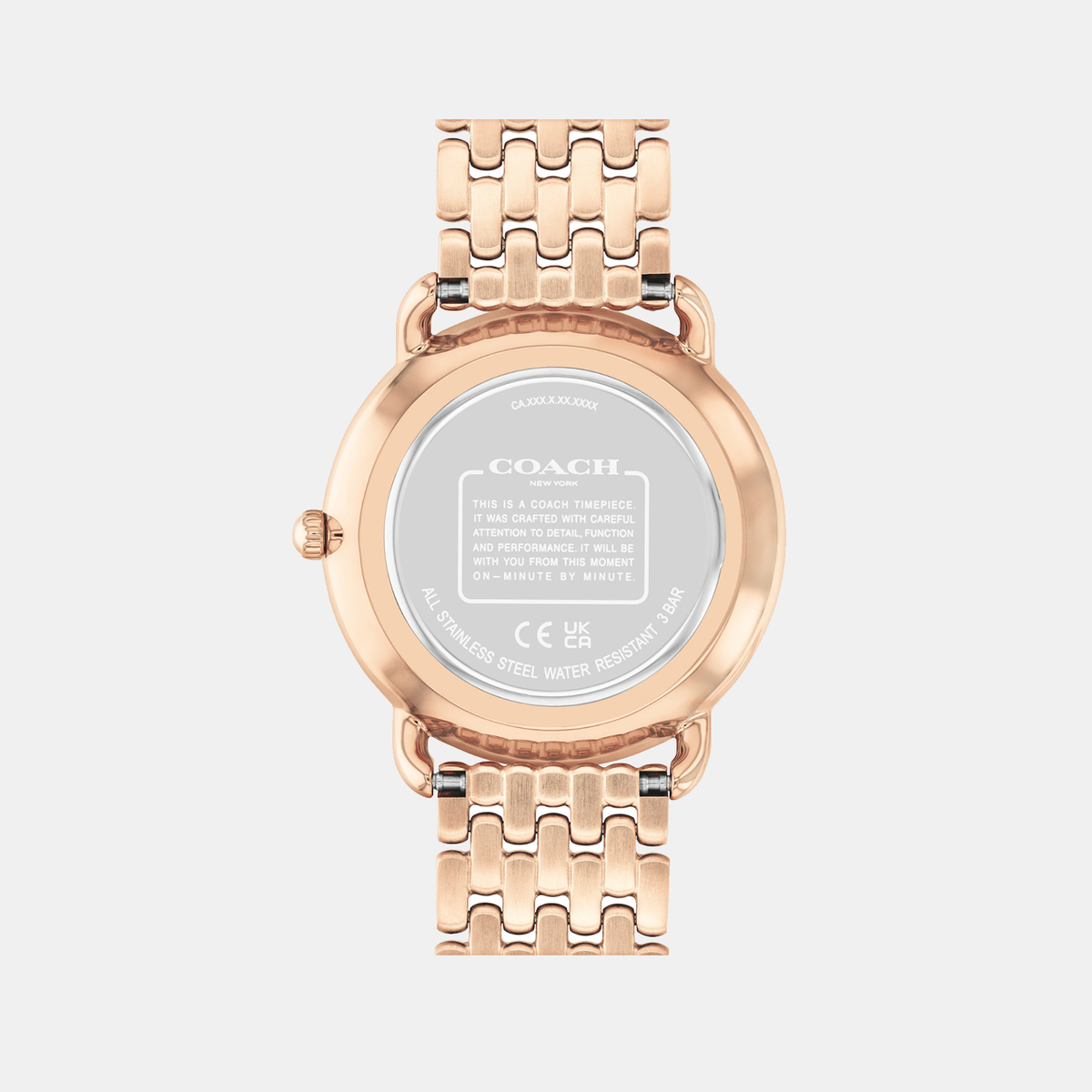 COACH Elliot watch caseback showing stainless steel construction and water resistance details