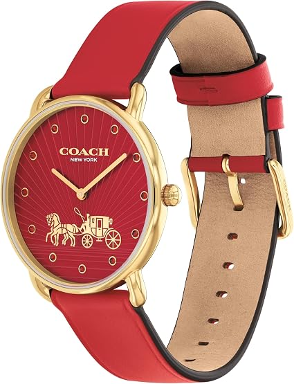 Coach Elliot watch side view showing red leather strap and dial with horse carriage motif