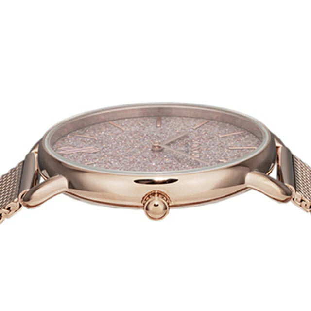 Side view of Coach Elliot watch showing rose gold case profile and mesh strap