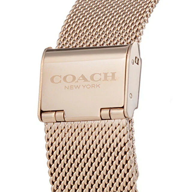 Coach rose gold mesh strap with engraved buckle closure and Coach New York branding