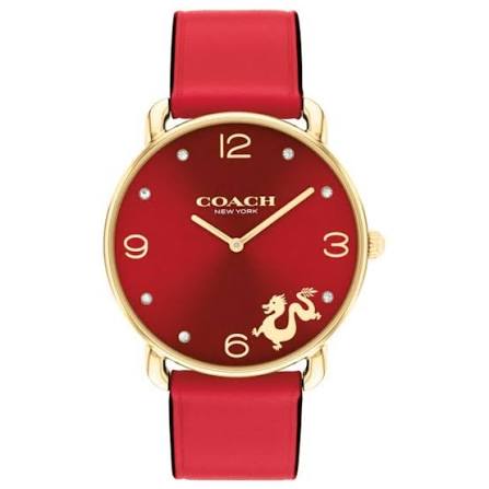 Coach Elliot red dial women's watch with gold-tone case and red leather strap