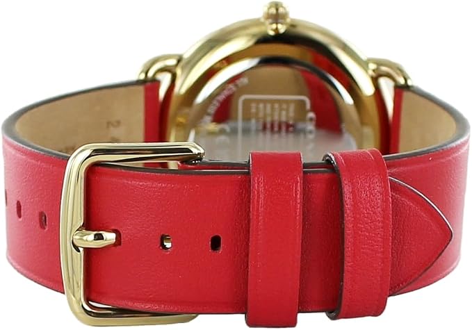 Red leather strap with gold-tone buckle on Coach Elliot watch
