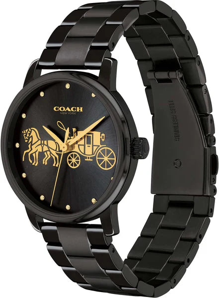 Coach Grand black stainless steel watch with gold indices and link bracelet at angle